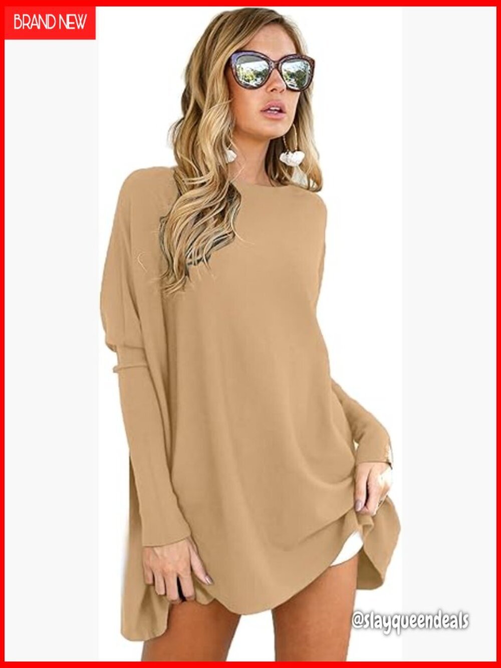 Oversized Tunic Top Long Sleeve Boat Neck Knitted Fabric Loose Fit